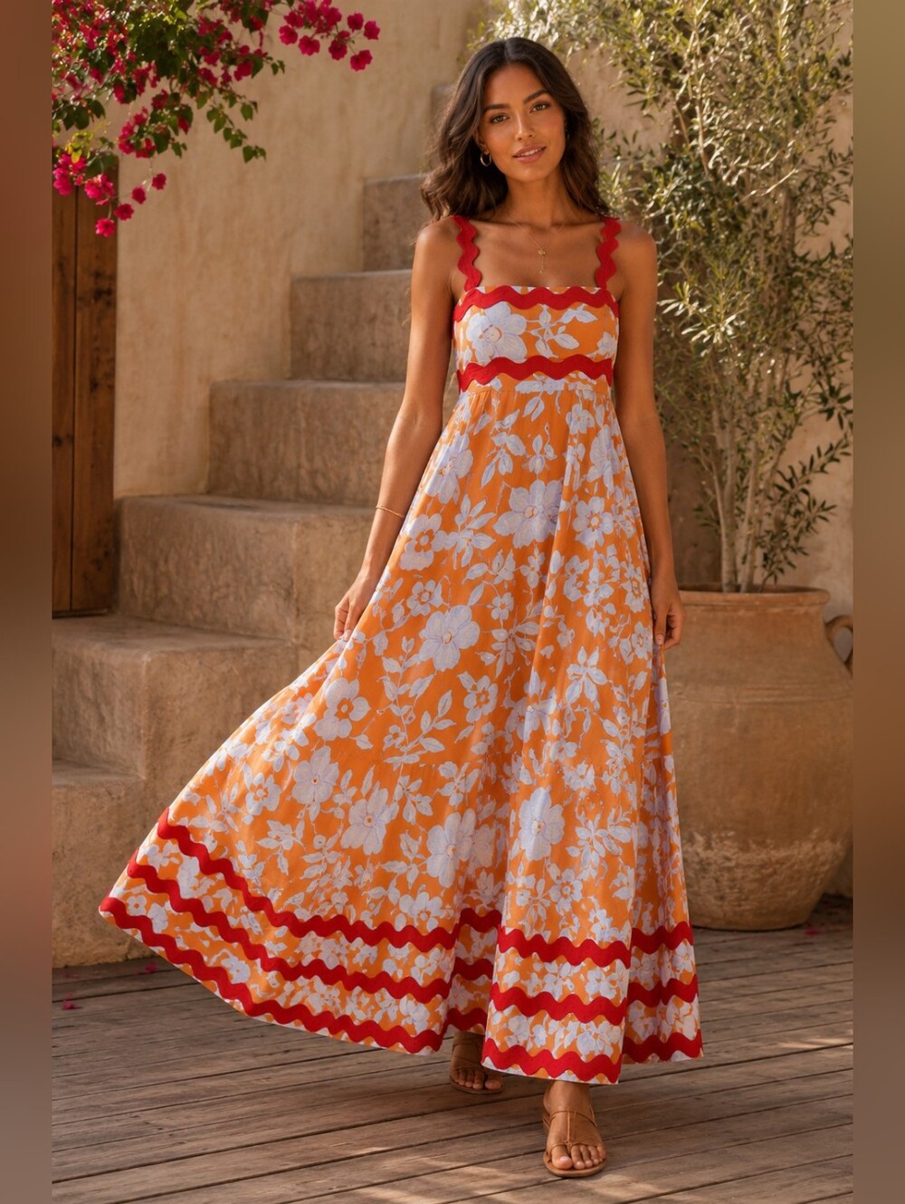 Orange Print High Waist Cotton Spaghetti Strap Dress